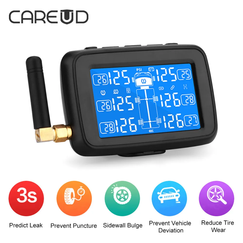 CAREUD U901 Auto Truck TPMS Car Wireless Tire Pressure Monitoring System with 6 External Sensors Replaceable Battery LCD Display