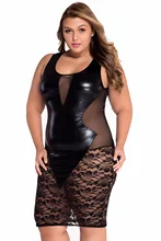 2016 New Sexy Fashion Women Dress Black Faux Leather Floral Lace Mesh Little Black Club Dress LC21643