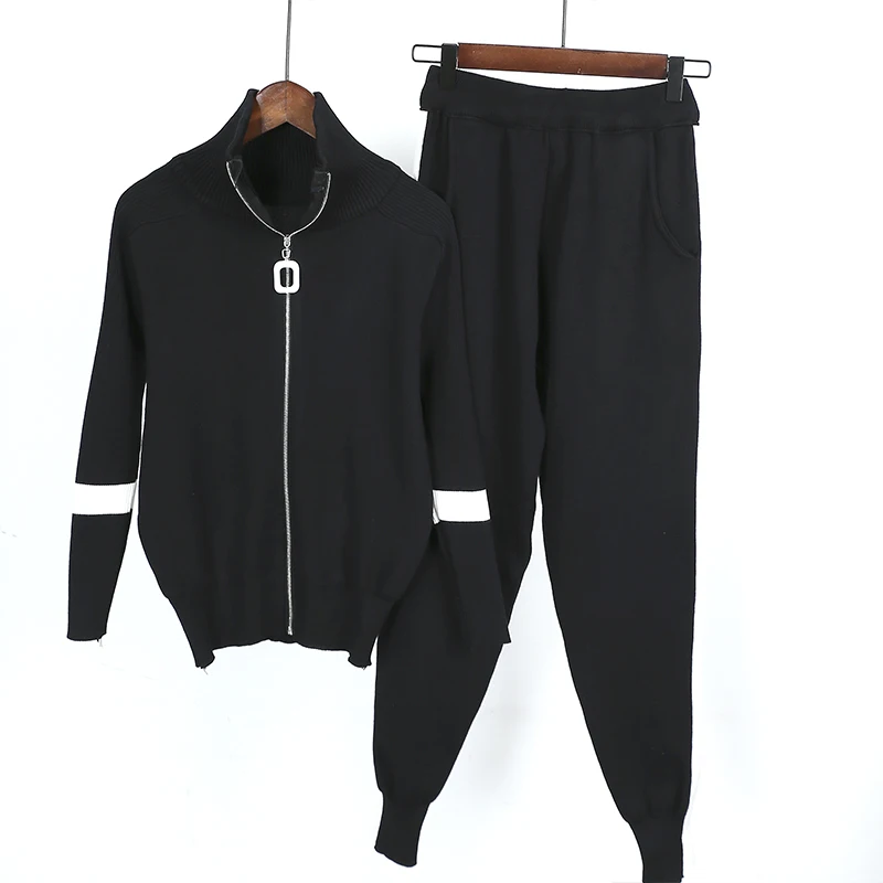 

Amolapha Women Zipper Jacket Coats+Pencil Pant Suits Knitted Long Sleeve Knitted Casual Sweaters Trousers 2PCS Sets for Woman