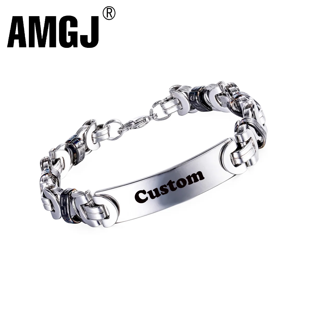 

AMGJ ID Custom Bracelet 2019 Black and Steel Color Stainless Steel Byzantine Chain Bracelet Bangle Hip Hop Rock Jewelry for Men