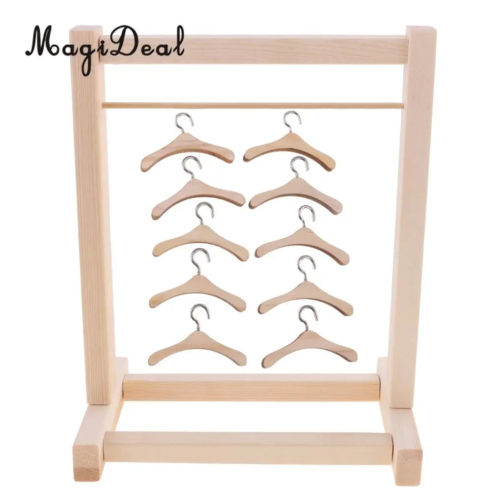 DIY Assembled Wooden Clothes Hanging Shelf&10 Pieces Clothes Hook Hanger for 12 Inch Dolls Dollhouse Bedroom Accs Decor