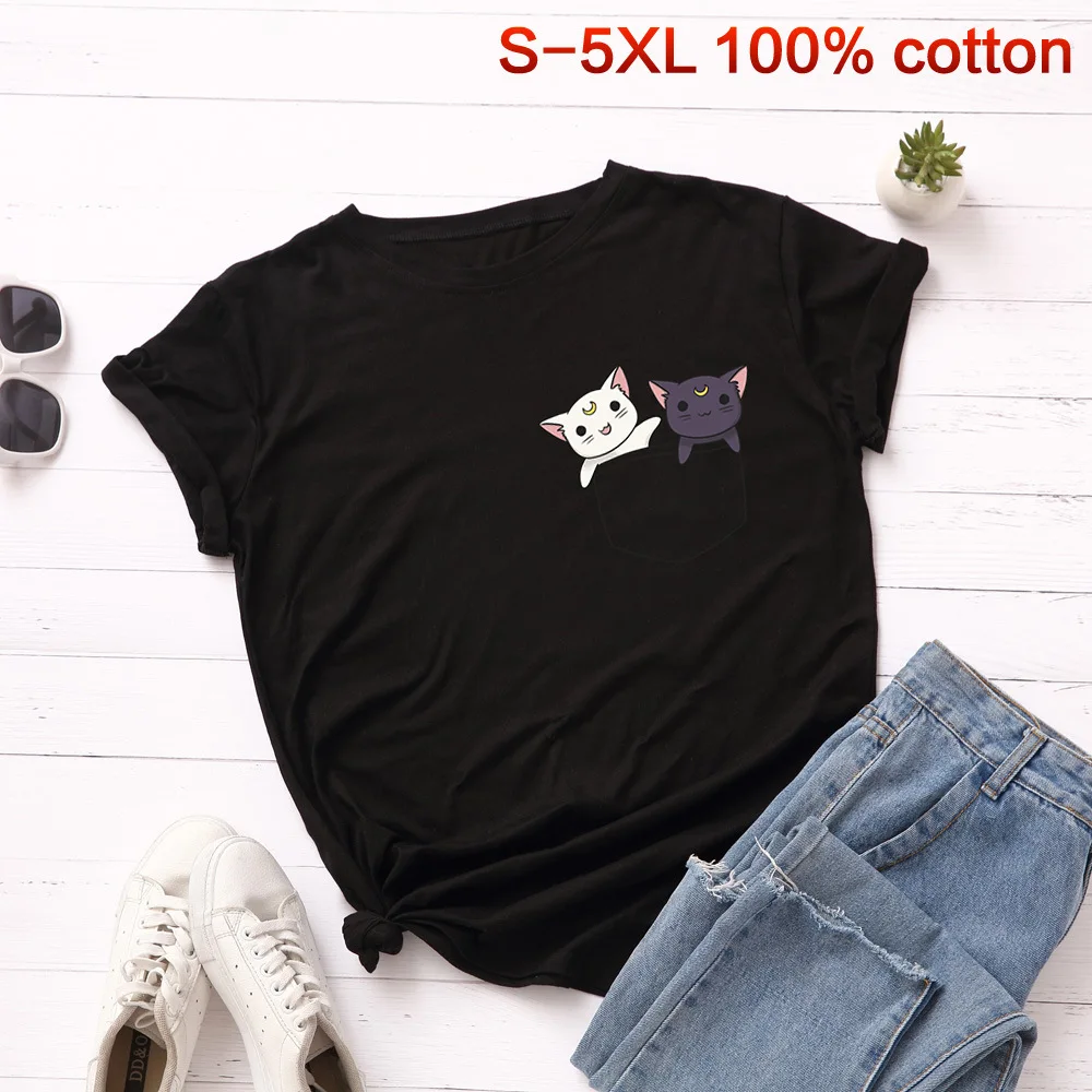 

Short Sleeve Summer T-Shirts Women Cat Printed Cute Pocket T-Shirt Shirts Plus Size O Neck Cotton Casual Top Tee