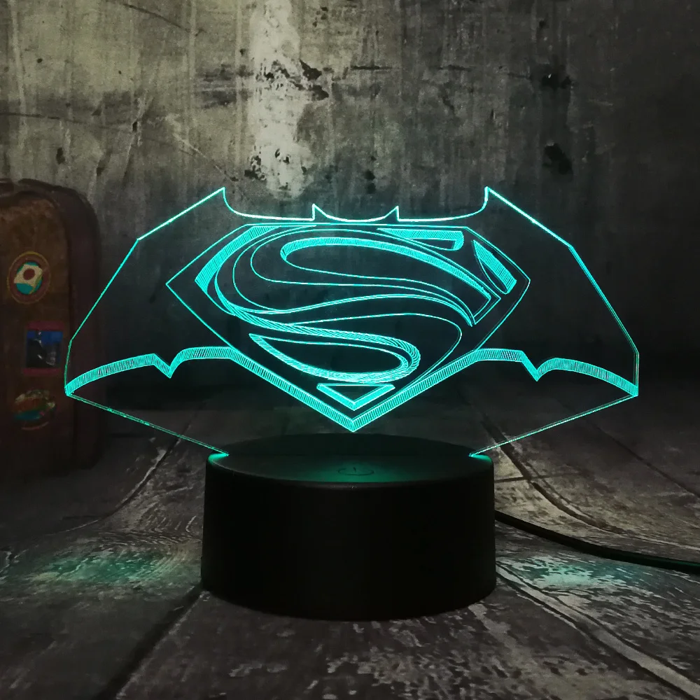  Cool 3D LED DC Superman Batman Logo Symbol Night Light Desk Table Lamp 7 Color Change Flashlight US