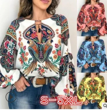 

Lugentolo Blouse New Fashion Personality Chiffon Printing Round Neck Loose Lantern Sleeve Shirt Large Size S-5XL