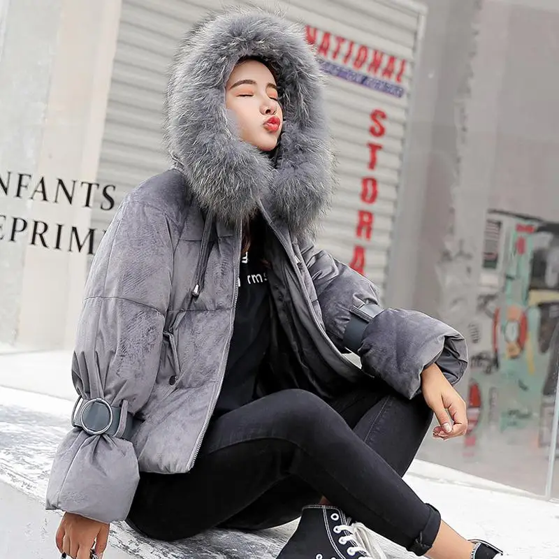 Ly Varey Lin Women Winter Cotton Padded Jacket Coats Warm Thickened Short Velvet Parka Female Hooded Fur Collar Casual Outerwear - Цвет: Gray