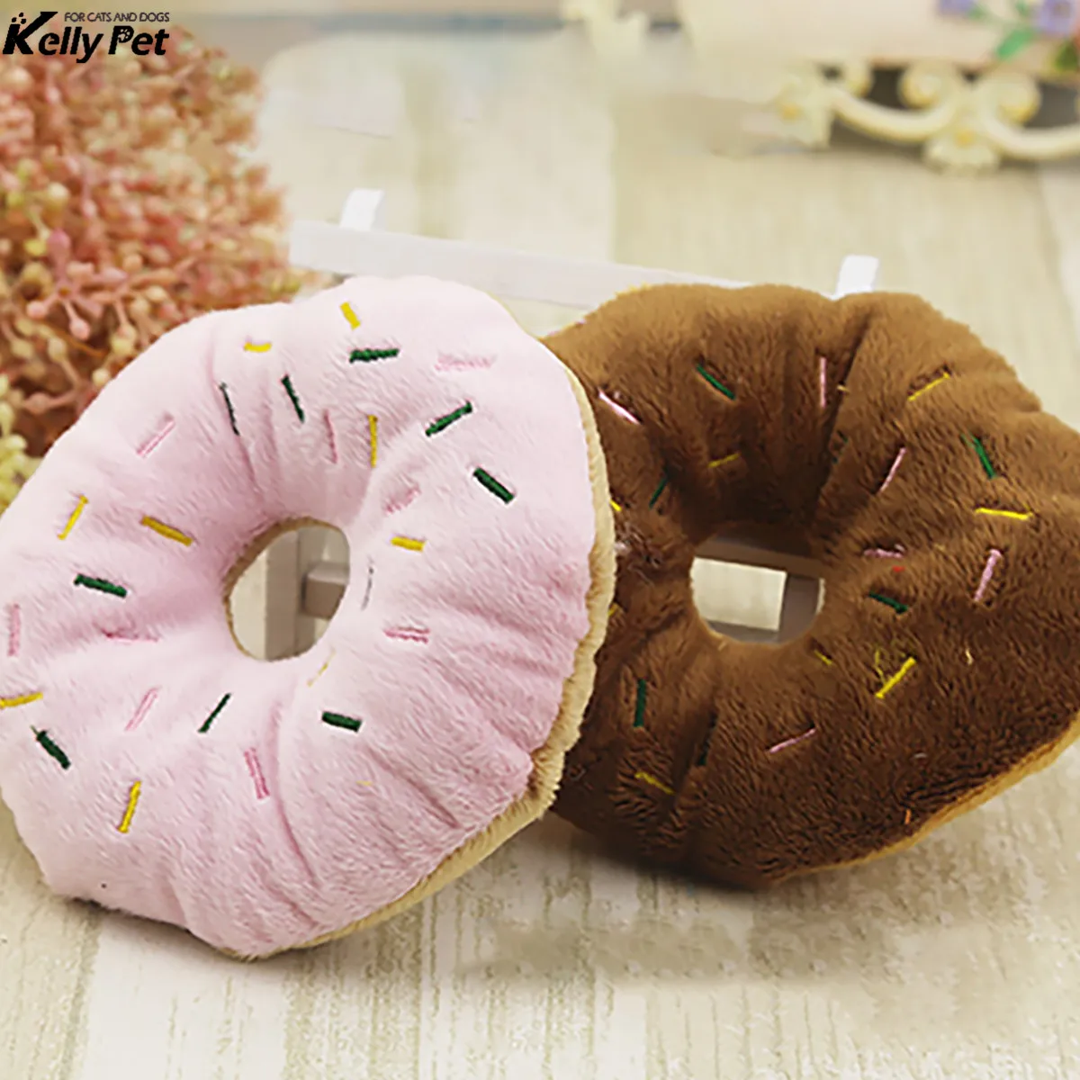 

Pink Coffee Color Pet Dog Chew Throw Toys Sightly Lovely Pet Dog Puppy Cat Squeaker Quack Sound Donut Play Toys For Dogs 14cm