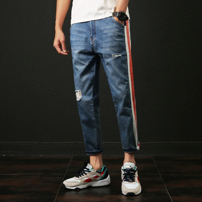 2018 New Original Men Fashion Casual Blue Holes Side Stripe Cowboy Pants Stretch Slim Fit Jeans Homme Denim Trousers Plus Size 