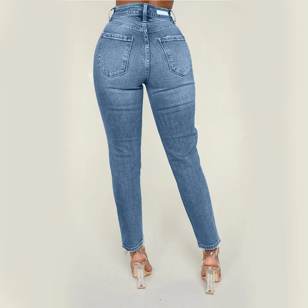 Модные женские туфли джинсы отверстия Женский Высокая талия стрейч тонкий сексуальный карандаш брюки#4O10# F