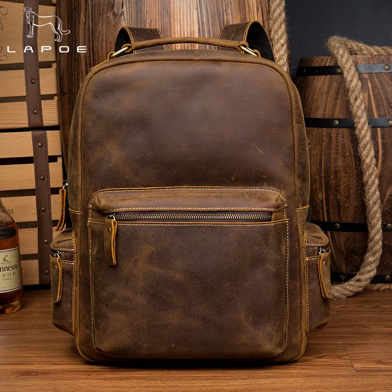 LAPOE vintage crazy horse genuine leather backpack bag mochilas ...