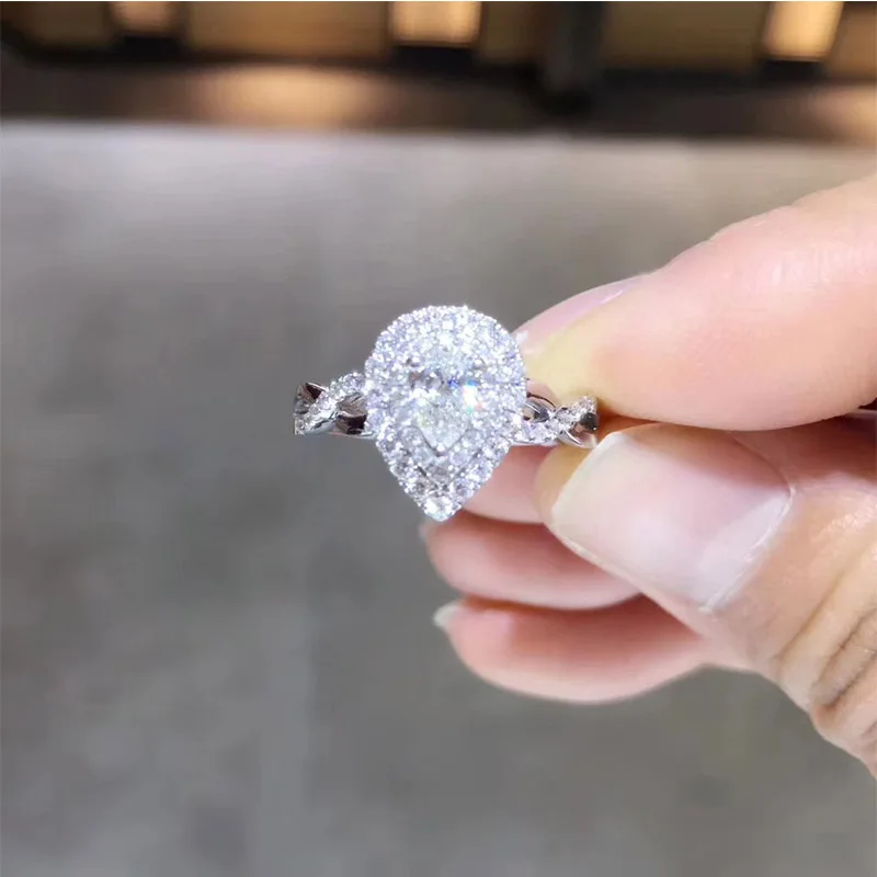 

ANI 18K White Gold (AU750) Wedding Ring 0.64 CT GIA Certified I/SI1 Pear Cut Real Natural Diamond Women Halo Engagement Ring