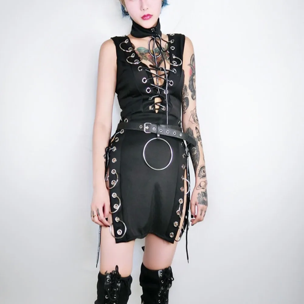 

Gothic Black Split Sexy Mini Dresses Costume Women Fashion Sleeveless Bandage Hoop Cool DJ Jazz Dance Nightclub Girls Dress