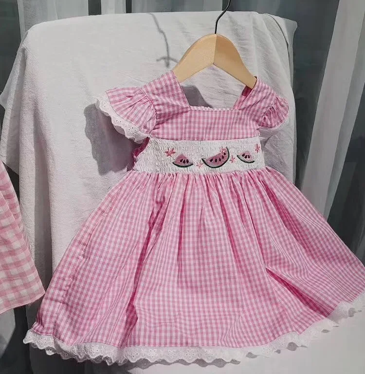 Летнее Детское Платье милое розовое и белое платье с вышивкой арбуза для маленьких девочек
