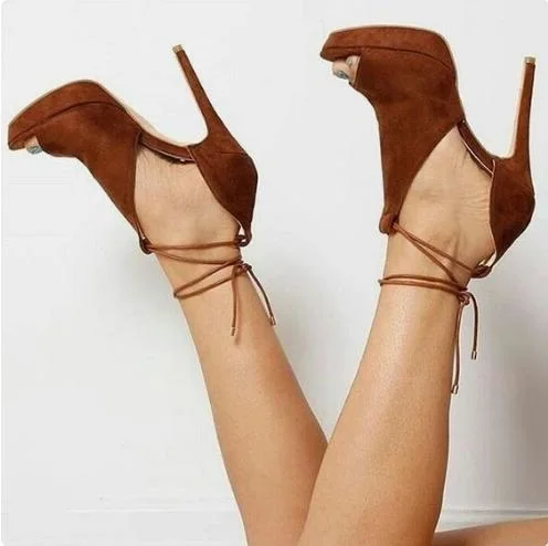 

Hot Selling Black Suede High Platform Women Sandals Cut-out Peep toe Ankle Cross-tied Women Shoes High Heels Plus Size 10