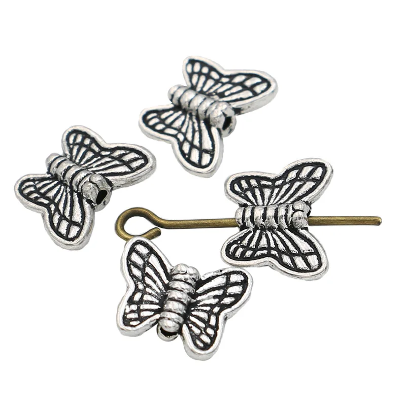 

KJjewel Butterfly Loose Beads Antique Silver Plated Spacer Beads fit Jewelry Making Bracelet Jewelry Findings 11x10mm