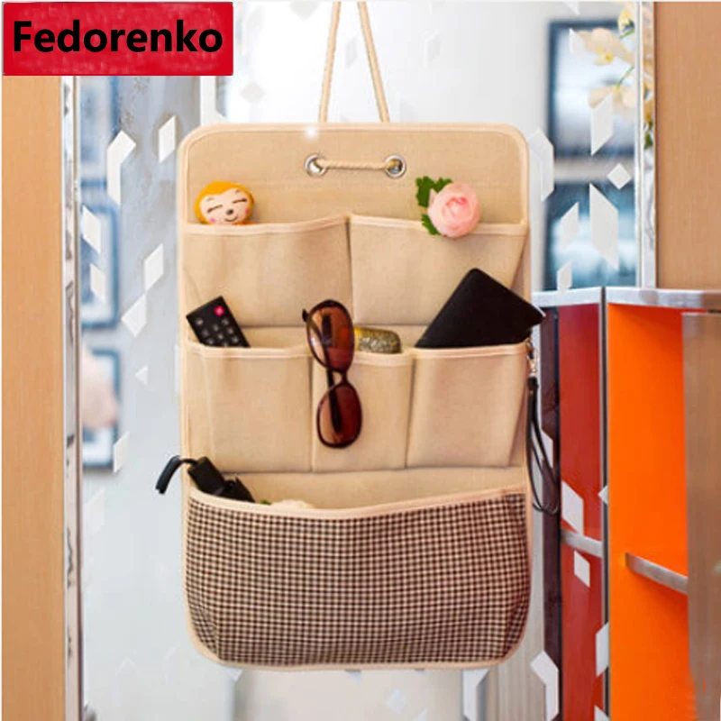 

Door wall hanging organizer with 6 pockets sundry cotton wall hanging organizer bag Cotton linen wardrobe closet storage space