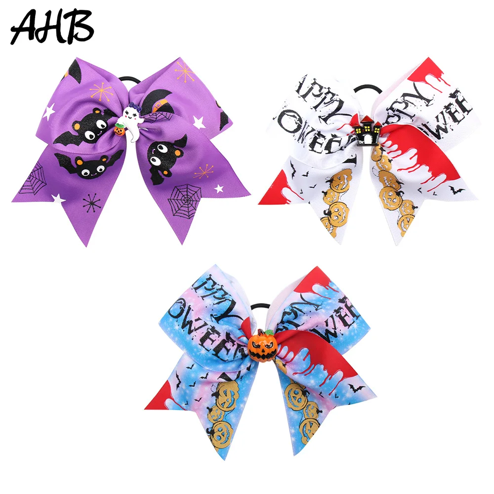 

AHB 7" Large Cheer Bows for Girls Halloween Funny Bat Printed Ribbon Hairbows Hair Elastic Band Party Kids Hair Accessories