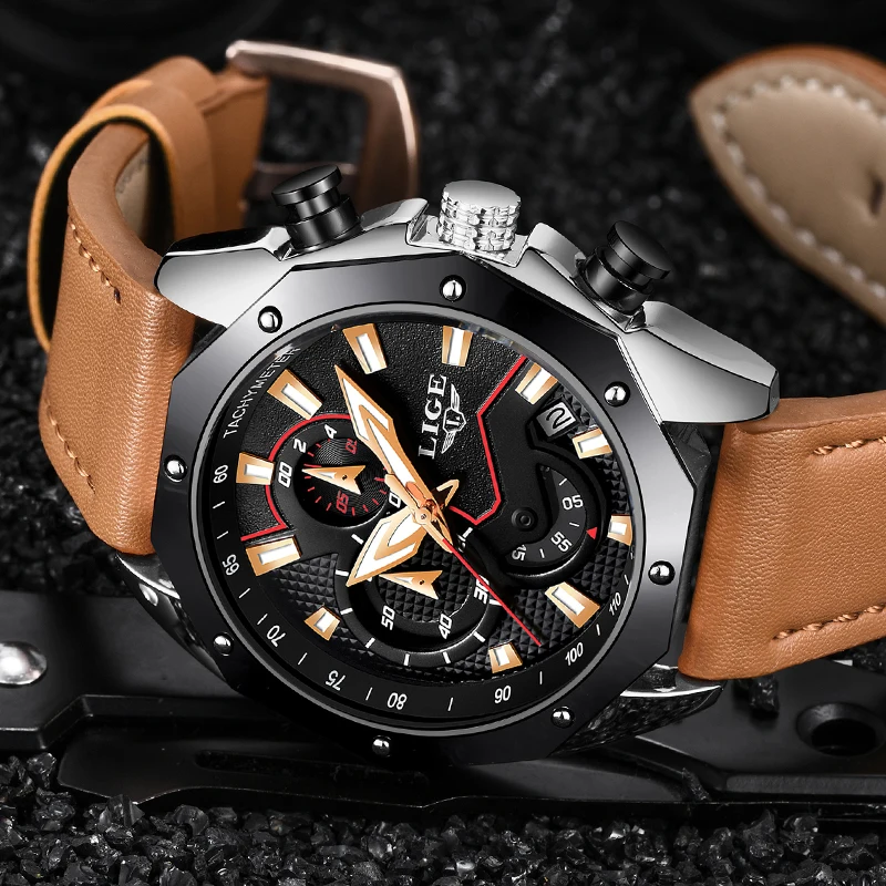 LIGE Mens Watches  New Fashion Chronograph Military Sport Watch Mens Casual Leather Waterproof Quartz Watch Relogio Masculino