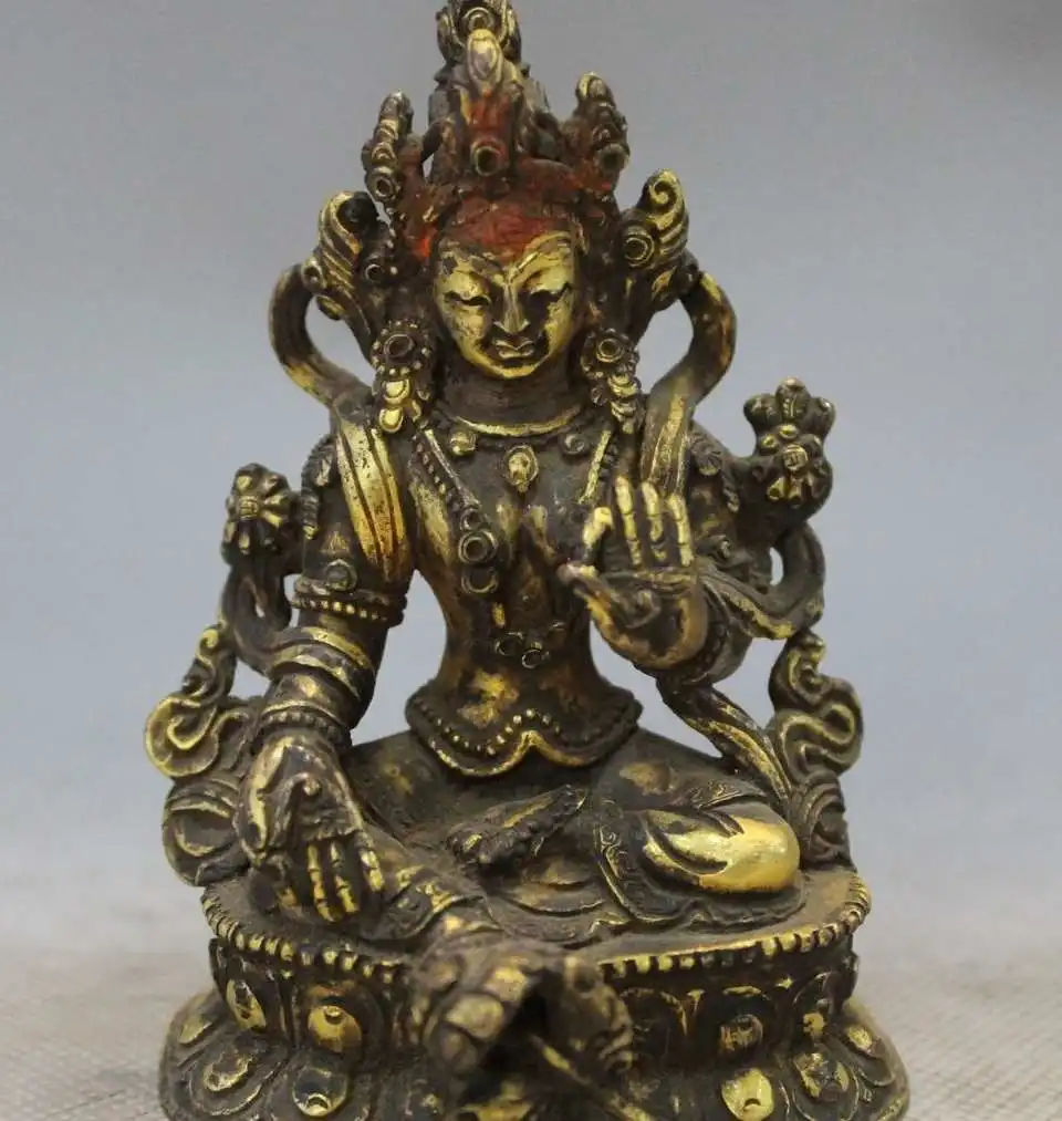 

4" Old Tibetan Bronze 24K Gold Green Tara enlightenment Goddess Mahayana Statue
