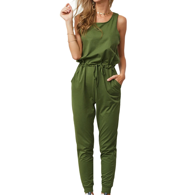 

Elastic Waist Pencil Jumpsuits for Women 2019 New Summer Casual Solid Lace Up Streetwear Long Playsuits Sleeveless Rompers GV227