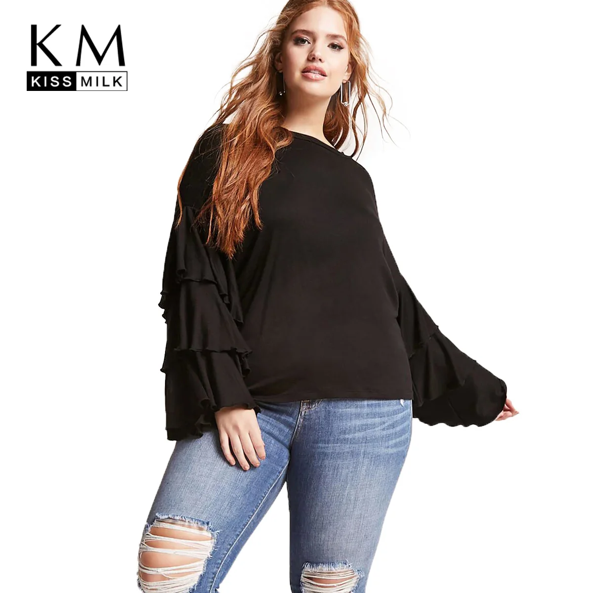 

kissmilk 2018 Plus Size Women Pretty Style T-shirts Ruffles Long Sleeve Loose Female Clothing Big Size Lady Casual Tops 3XL-7XL