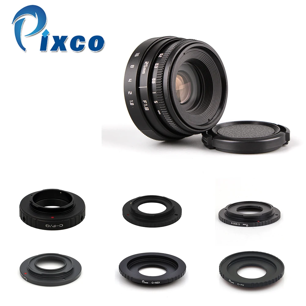 

Pixco Black Lens 25mm F1.8 APS-C Television TV Lens + C Mount adapter for Nikon 1 M4/3 for Pentax Q Nex for Canon eos M Fuji
