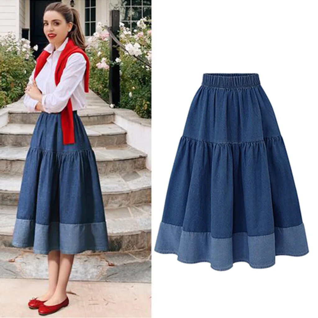 

2019 Women's Classic Summer Denim Skirts Casual High Waist A-Line Denim Skirt Sweet Casual Long Skirt Female Elegant Loose