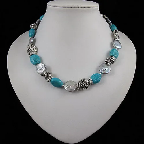 

Unique Pearls jewellery Store,Tible Silver Beads Blue Turquoises Gray Coin Freshwater Pearl Necklace,Perfect Women Gift