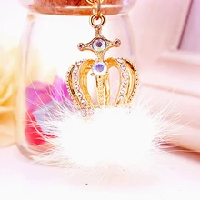 Charm Rhinestone Cross Crown Fur Ball Keychain Fashion pompom Car Key Chains Holder Alloy Women Bag Keyring Jewelry Gift R107