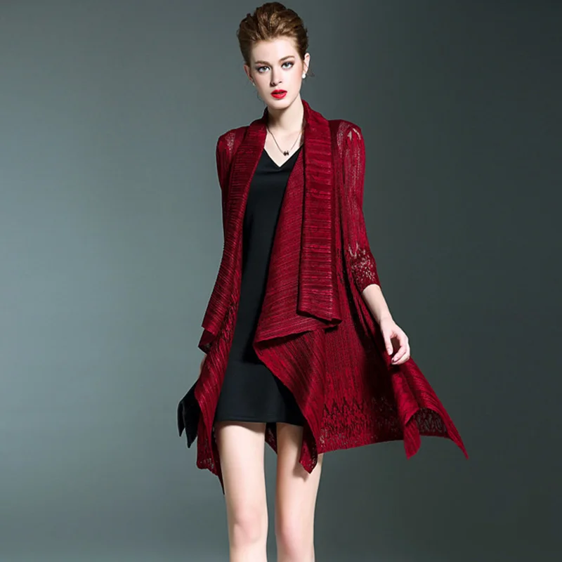 

Issey Miyake Pleated 2019 Spring New Women Fashion Lace Hollow Out Thin Trench Coat Three Quarter Sleeve Open Stitch Long Shawl