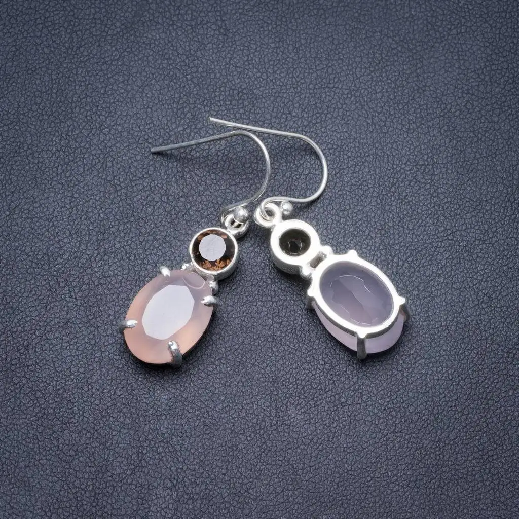 

Natural Rose Quartz and Smoky Quartz Handmade Unique 925 Sterling Silver Earrings 1.5" Y2578