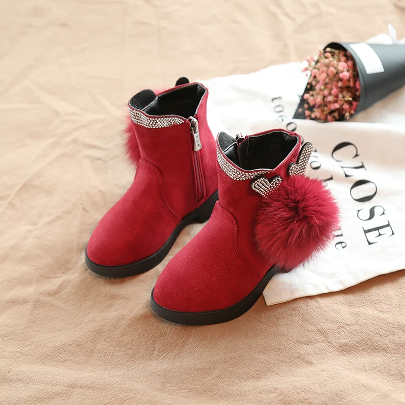 2018 Girls Rhinestone Glitter Boots with cashmere cotton, Bunny Ears, Kids lovely Fur Ball winter warm shoes, black and Red   (8)