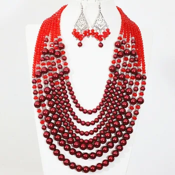 

Special design high quality statement necklace earrings 7 rows red shell simulated-pearl crystal fashion women jewelry set B1299