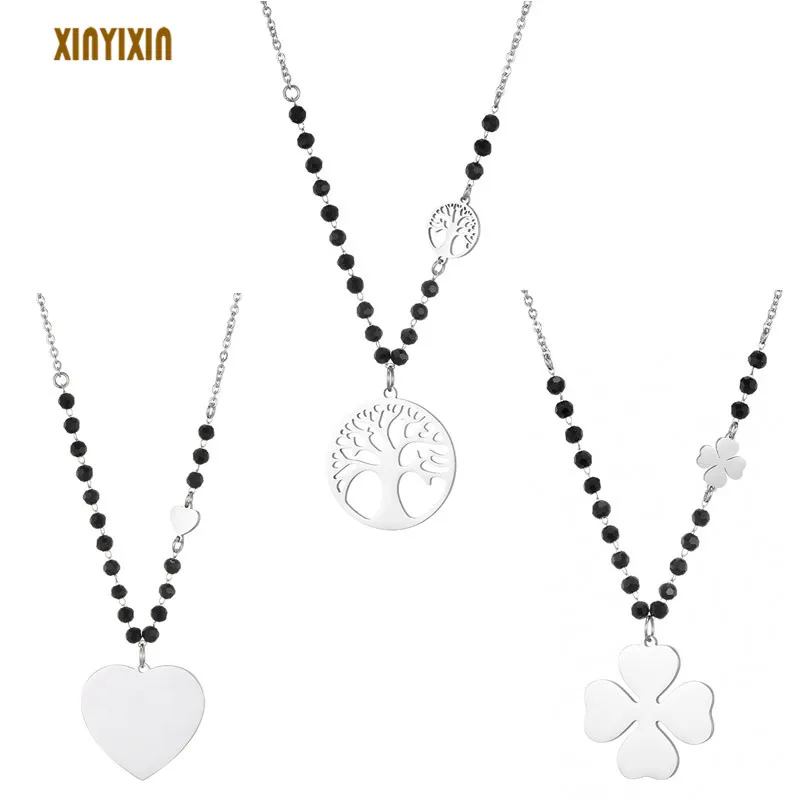 

Silver Tree of Life Pendant Necklace for Women Stainless Steel Love Heart Four-leaf Clover Black Crystal Beads Long Necklace New