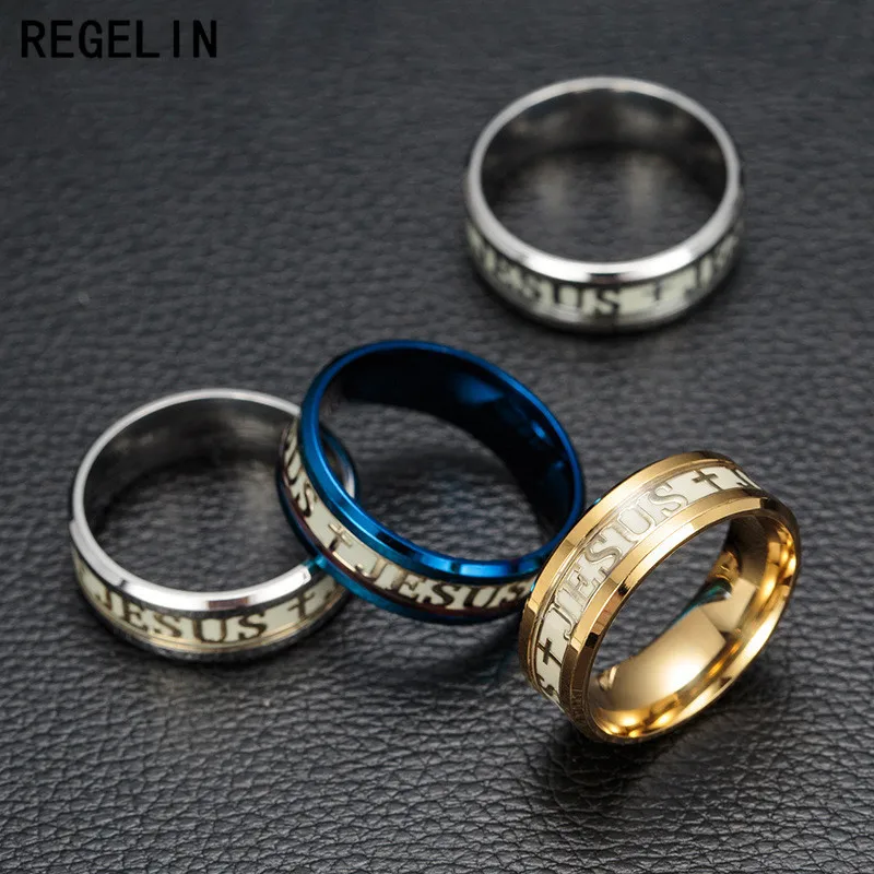 

REGELIN Stainless Steel Jesus Letter Ring Fluorescent Glowing Logo Finger Rings For Men Fashion Jewelry Drop Ship Gift