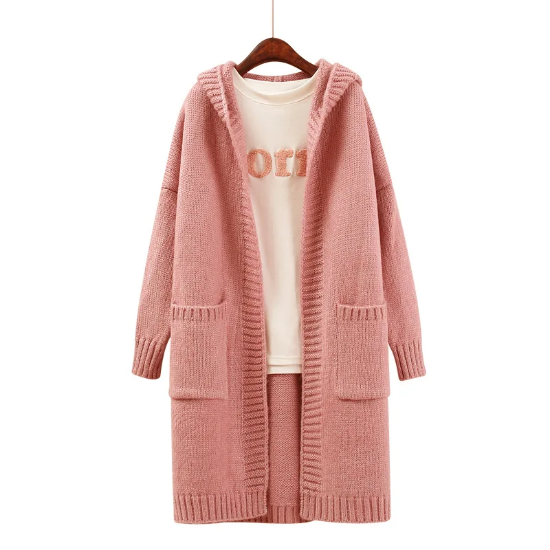 New Pink Loose Knitted Pocket Long Cardigans Sweater Women Autumn