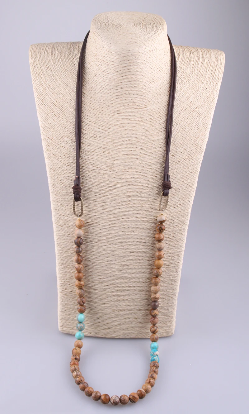 Модные натуральные камни античная бронза с покрытием звено бисера ожерелье коричневое кожаное ожерелье