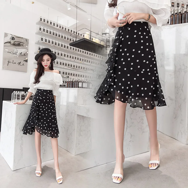 Рубашка юбки женские плюс размер А-силуэт точка Корейская черная юбка Повседневная талия юбка Высокая 2688 50