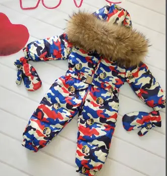 

Real fur hooded 2019 Winter Jacket child jackets children jumpsuit snow suit girl floral limbing down romper ski suits outerwear