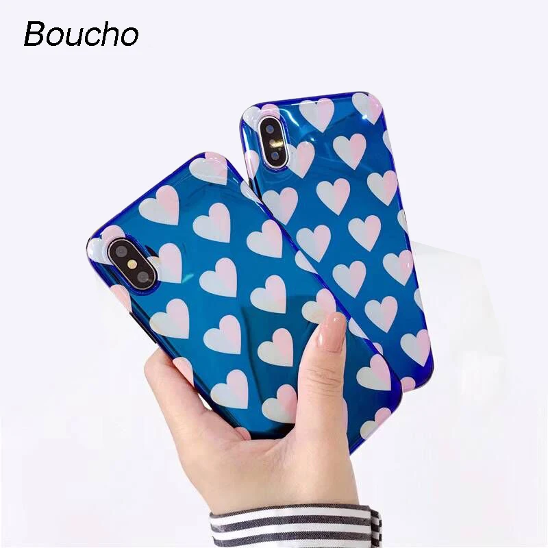 

Boucho Laser Blu-Ray Heart Phone Case For iphone X Coque For iphone 6s 6 7 8 Plus Back Cover Fashion Lovely Cartoon Cases Shell
