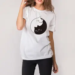 Женская футболка белая и черная футболки с котами женская летняя футболка с коротким рукавом и круглым вырезом повседневные Модные топы