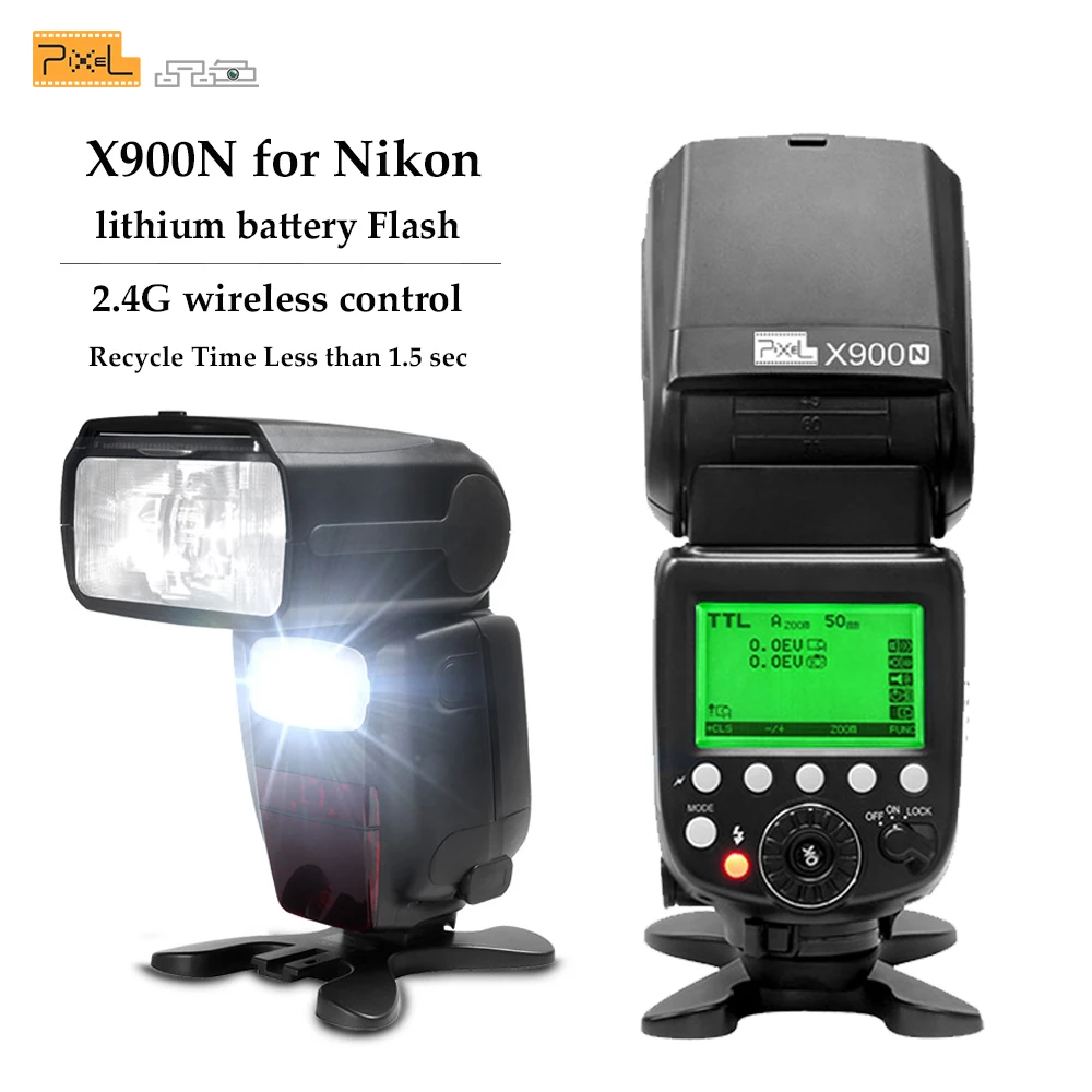 

Pixel X900N X900 PRO TTL S1/S2 2.4G HSS Wireless Lithium Battery Flash Speedlite Speedlight for Nikon DSLR Camera with LED Light