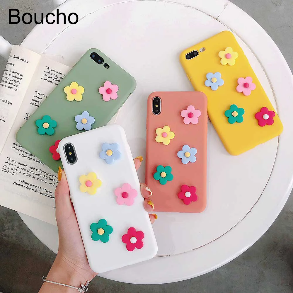 

Boucho Candy Colors 3D Flower Floral Phone Case For iphone XS Max XR X 6S 6 8 Plus Ultra Slim Soft Cover for iphone 7 plus Case
