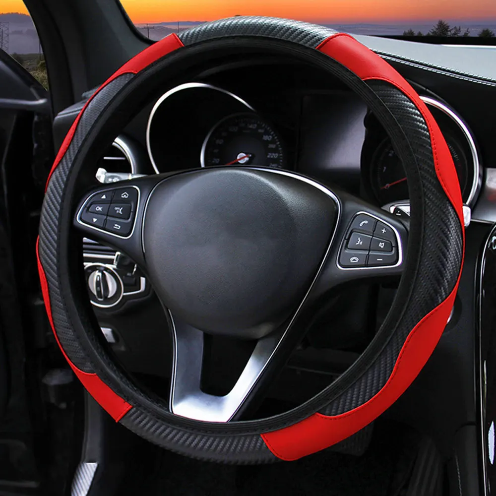 LEEPEE Car Steering Wheel Cover Suitable for 37-38cm Carbon Fiber PU Leather Steering Covers Anti Slip Breathable - Название цвета: Красный