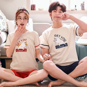 

Summer Suits Couple Cartoon Pyjama Set Women Pajamas Cotton Short Sleeve Pijamas Ladies Casual Sleepwear Big Size M-3XL