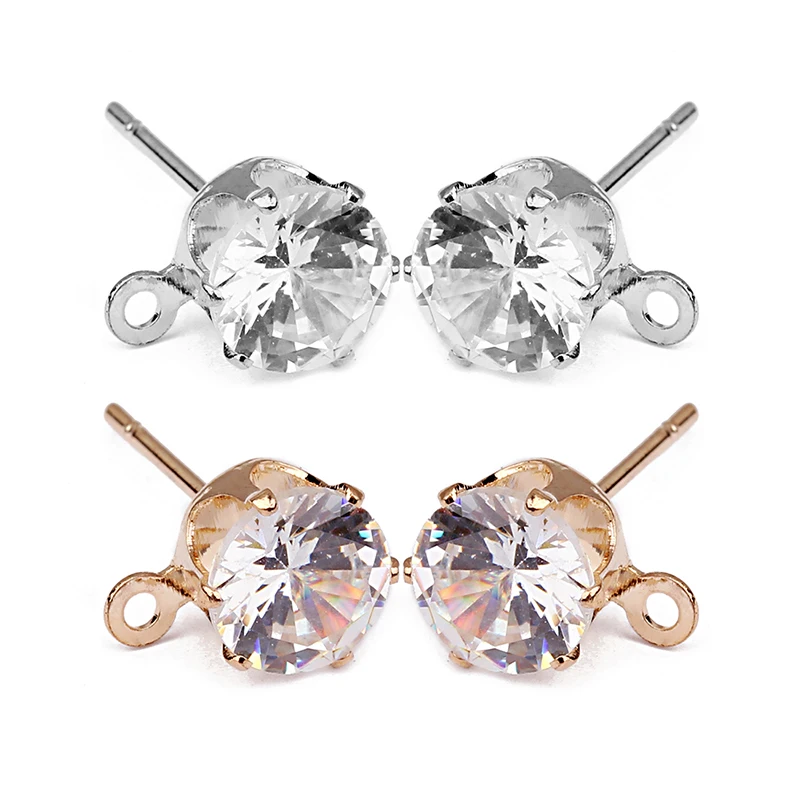 

50pcs/lot Rhodium Gold Color AAA+ CZ Cubic Zirconia Crystal Stud Earrings Post Findings with Loop for Jewelry Making Materials