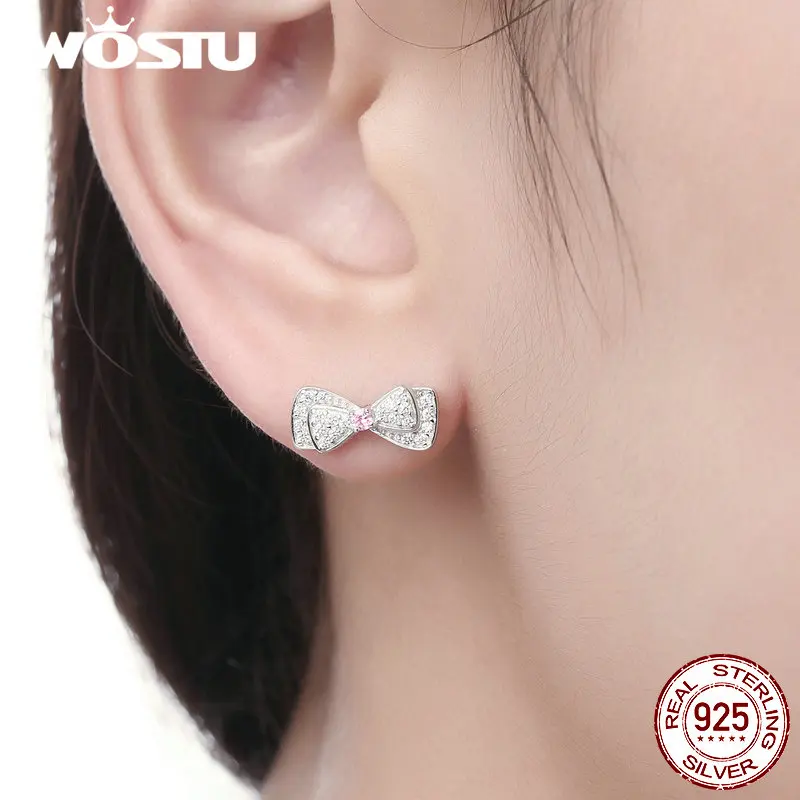 WOSTU, натуральная 925 пробы, серебро, розовый CZ, элегантные, с бантом, милые серьги-гвоздики для женщин, свадебные ювелирные изделия, подарок CQE092