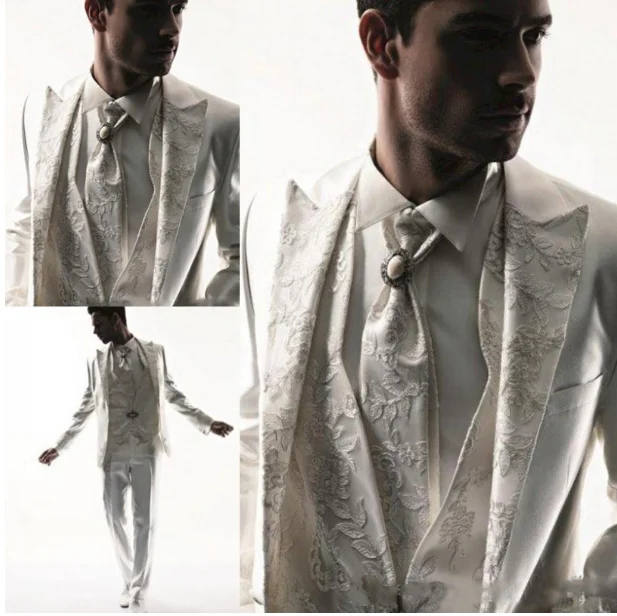 

2018 White Ivory Groom Tuxedos Groomsman Dress Men's Wedding Prom Suits With Embroidery (Jacket+Pants+Vest) Free Shippiing