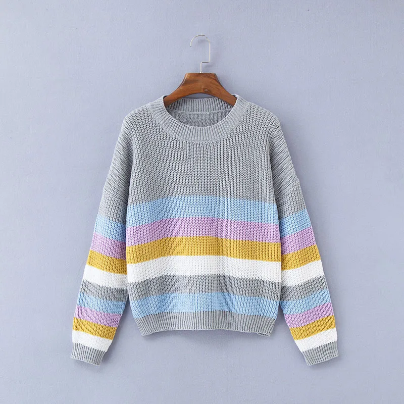 Autumn Winter Casual Fashion Sweater Pullovers O-neck Long-Sleeve Striped Knitted Sweater Tops B08SW827 Sweaters