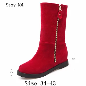 

High Quality Spring Autumn Winter Women Mid Calf Boots Wedges Height Increasing Woman Short Boots botas Plus Size 34-40.41,42,43