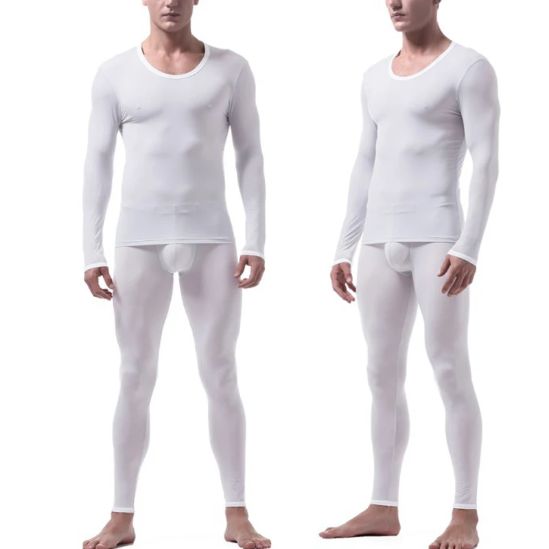 Белый New Hot Men Warm Underwear Suit Tops+ Pants Round Neck Long Sleeves Slim Fit Clothes Set YAA99 - Цвет: Белый